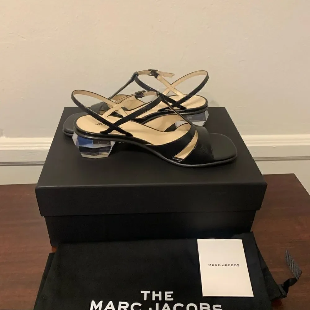 Marc Jacob Women’s heel T- stripe leather black sandal Sz  US6,5-7/ EU 37, NIB